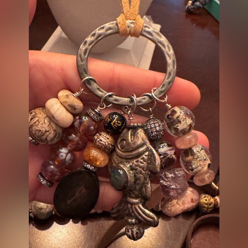 Artisan Beaded Charm/Talisman Necklace with Old Tibetan Silver Fish Charm
